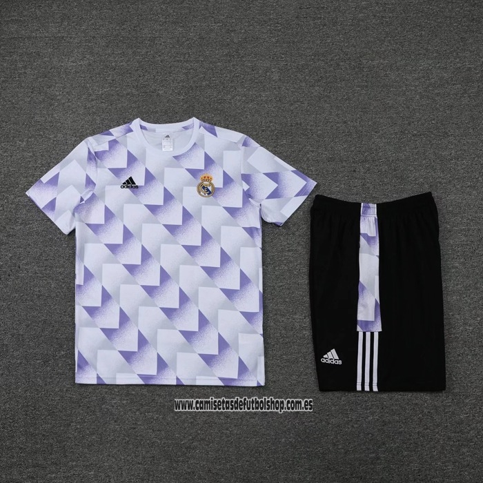 Chandal del Real Madrid 22-23 Manga Corta Blanco y Purpura - Pantalon Corto